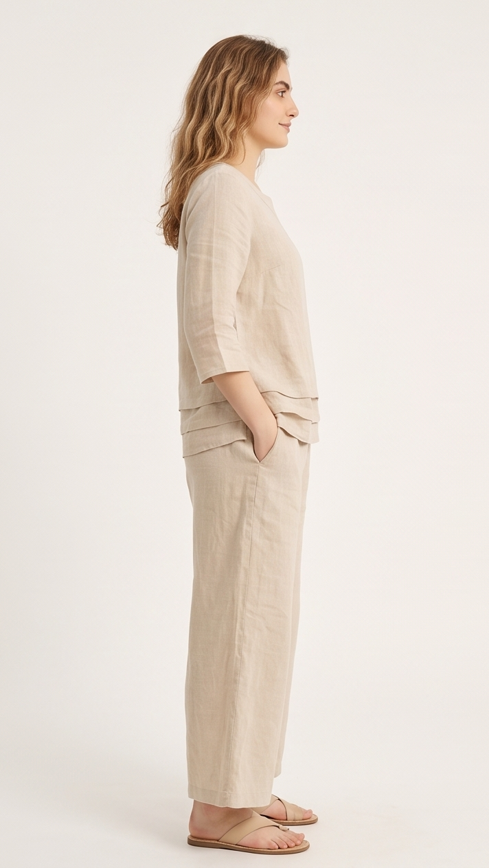 Woman wearing a beige outfit 