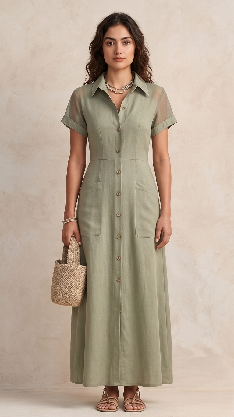 The Mesh-Sleeve Textural Maxi Shirt Dress