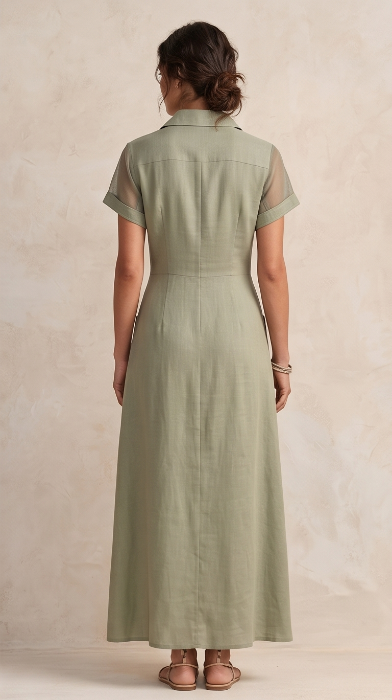 The Mesh-Sleeve Textural Maxi Shirt Dress