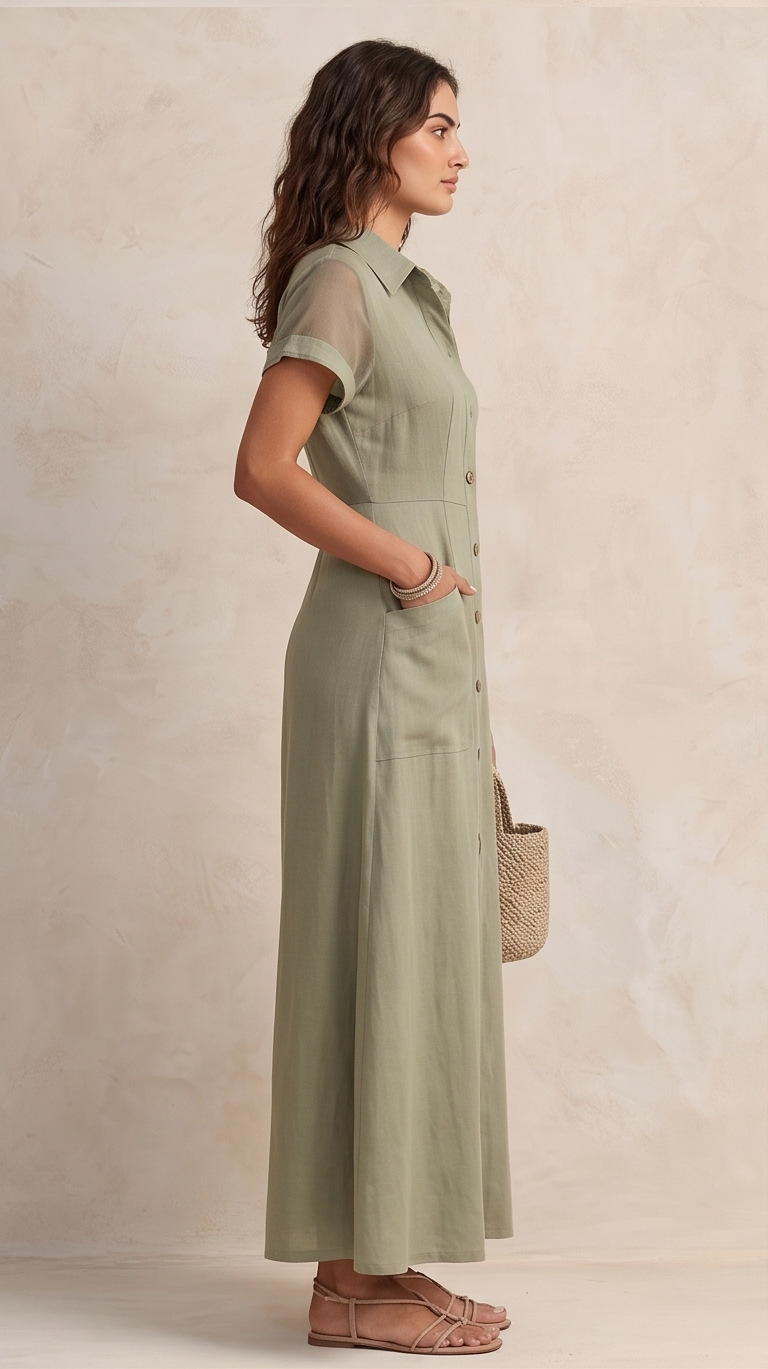 The Mesh-Sleeve Textural Maxi Shirt Dress