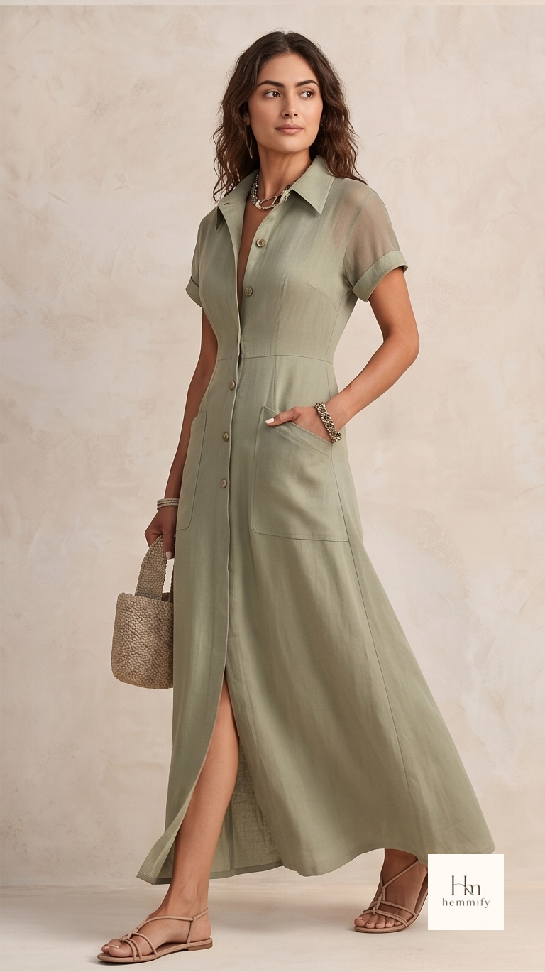 The Mesh-Sleeve Textural Maxi Shirt Dress