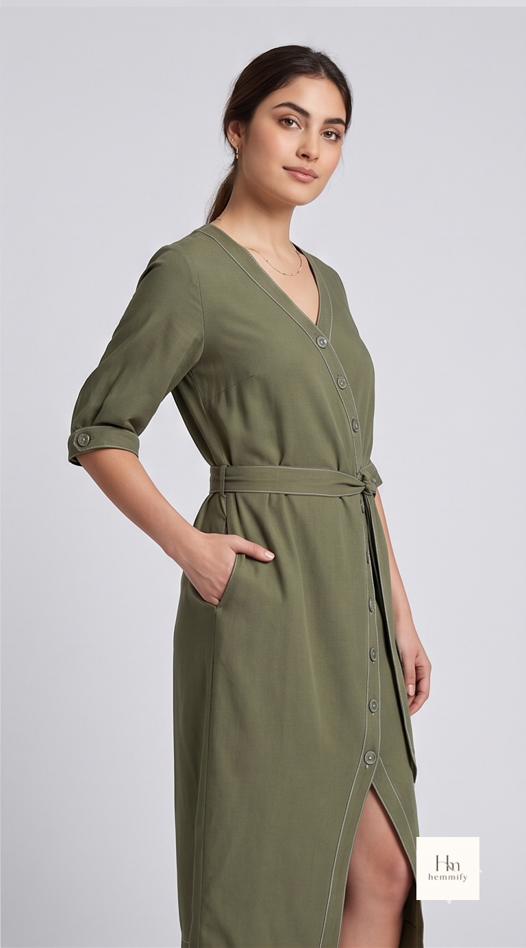 Classic Button-Front Midi Dress with Contrast Stitching and Tie Belt