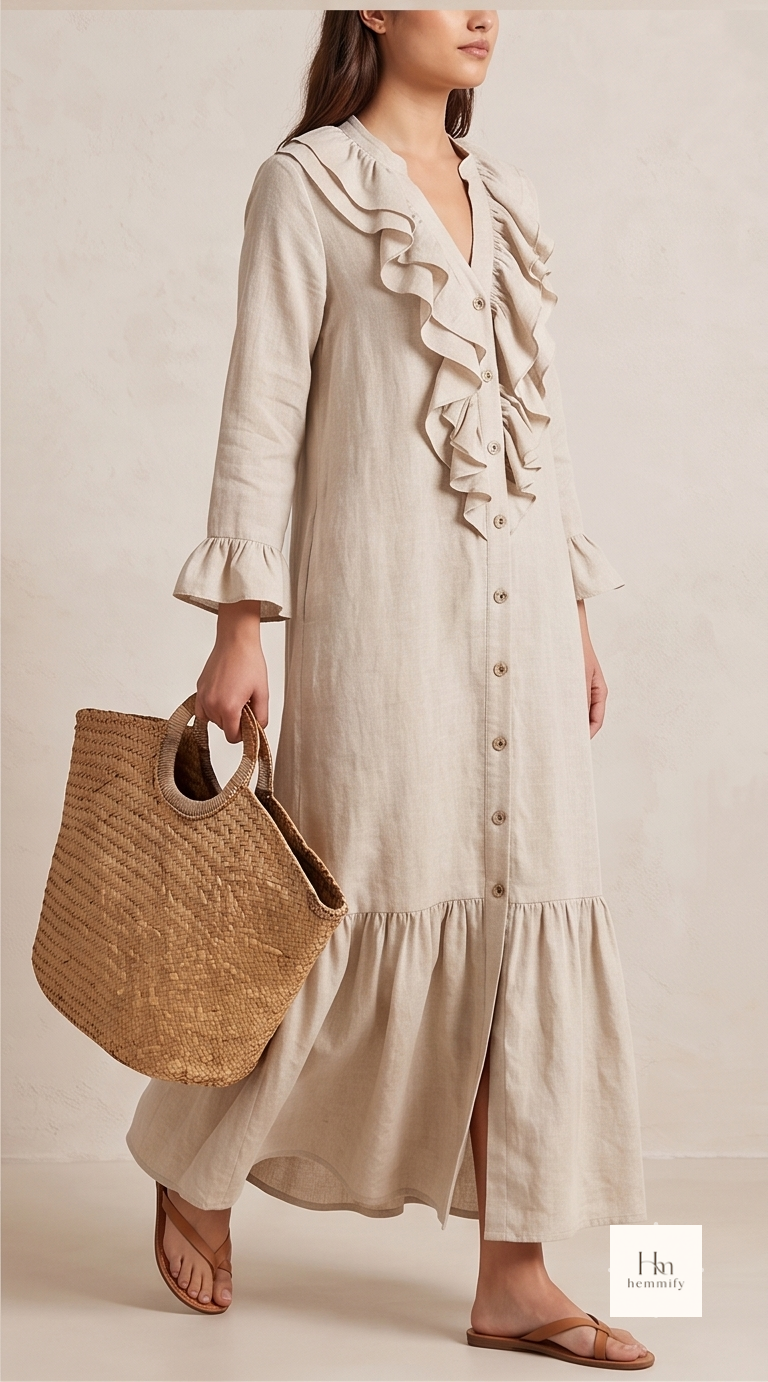 Linen Cascading Ruffle Tiered Maxi Dress