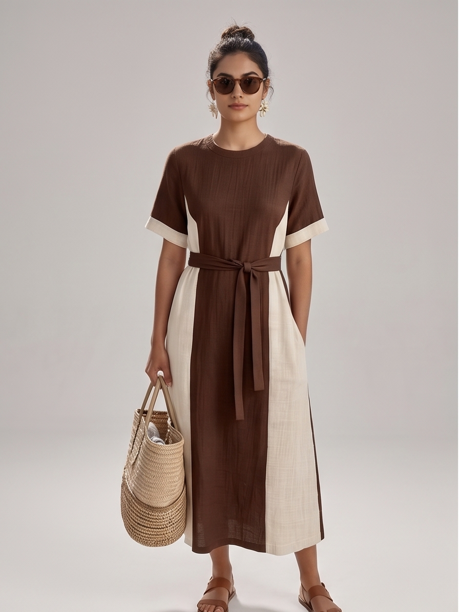 Two-Tone Colorblock Midi Dress with Tie Waist