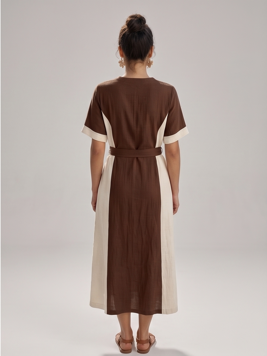 Two-Tone Colorblock Midi Dress with Tie Waist