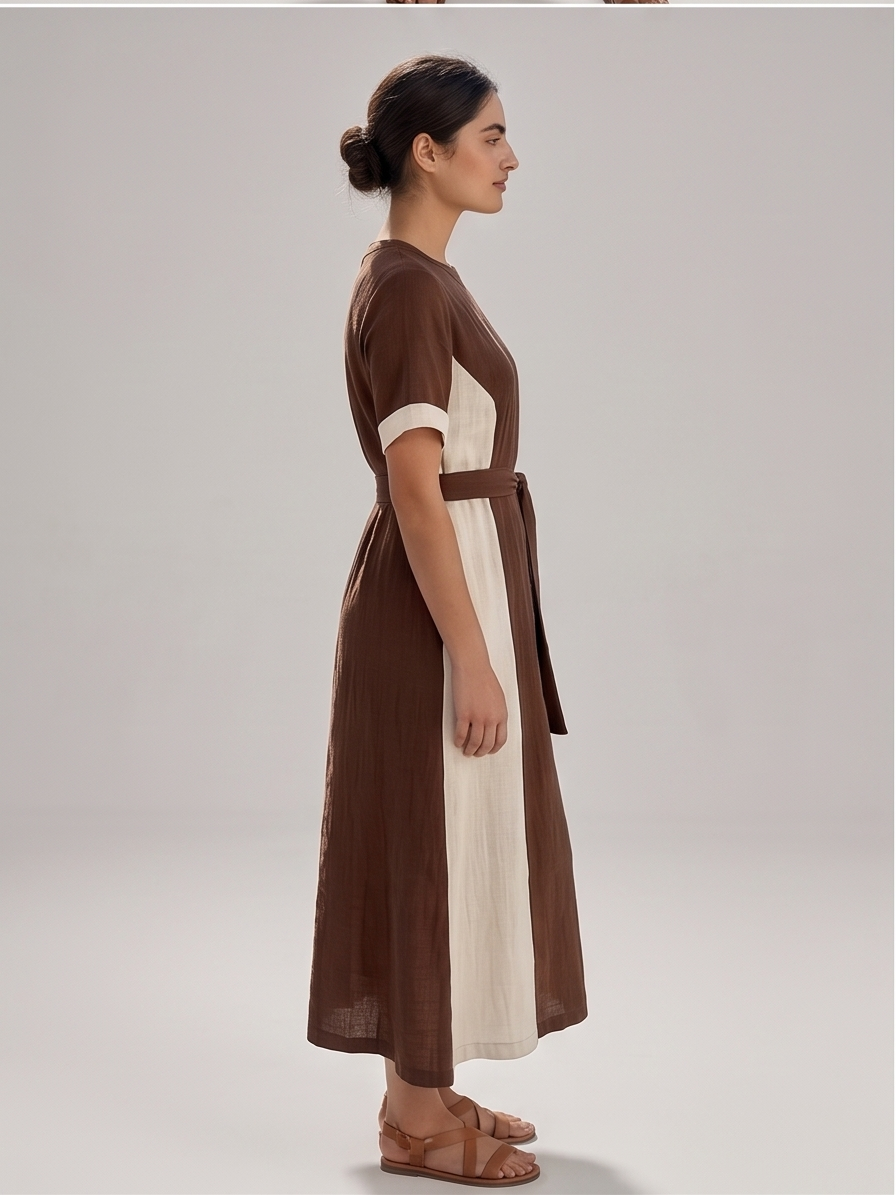 Two-Tone Colorblock Midi Dress with Tie Waist