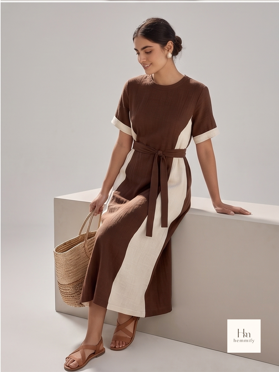 Two-Tone Colorblock Midi Dress with Tie Waist