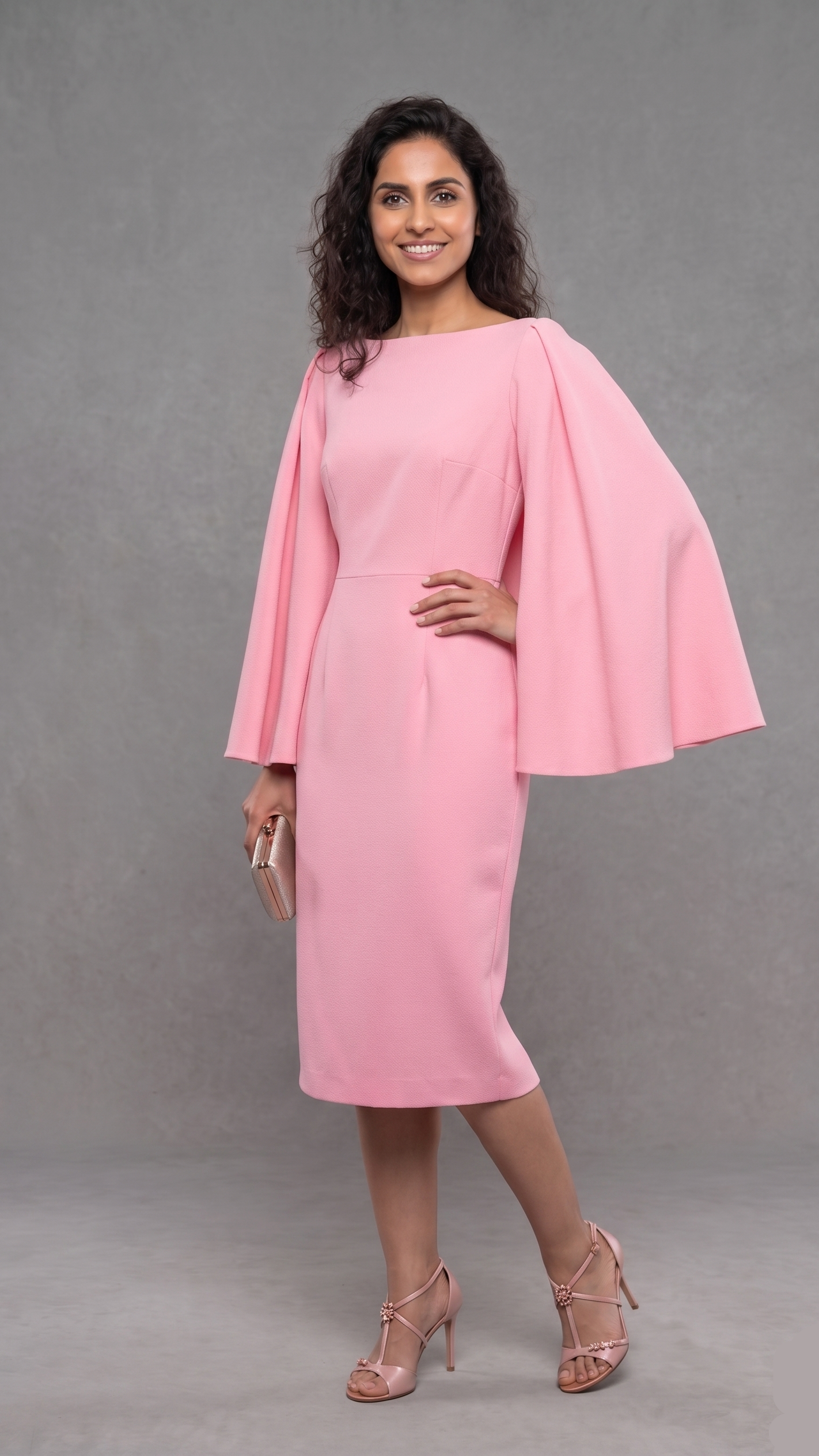 Woman wearing a pink dress with cape sleeves