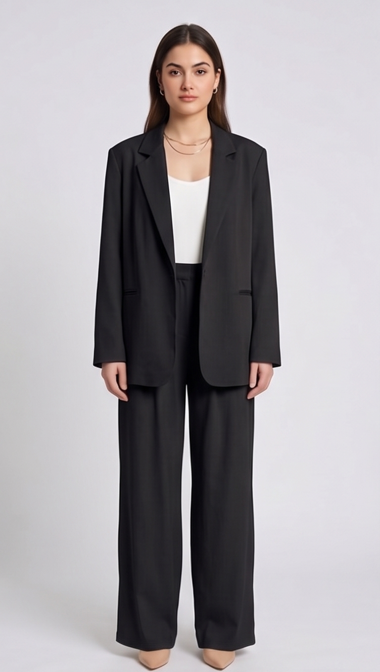Woman wearing a black suit with a white top on a light gray background