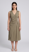 Woman wearing a olive dress