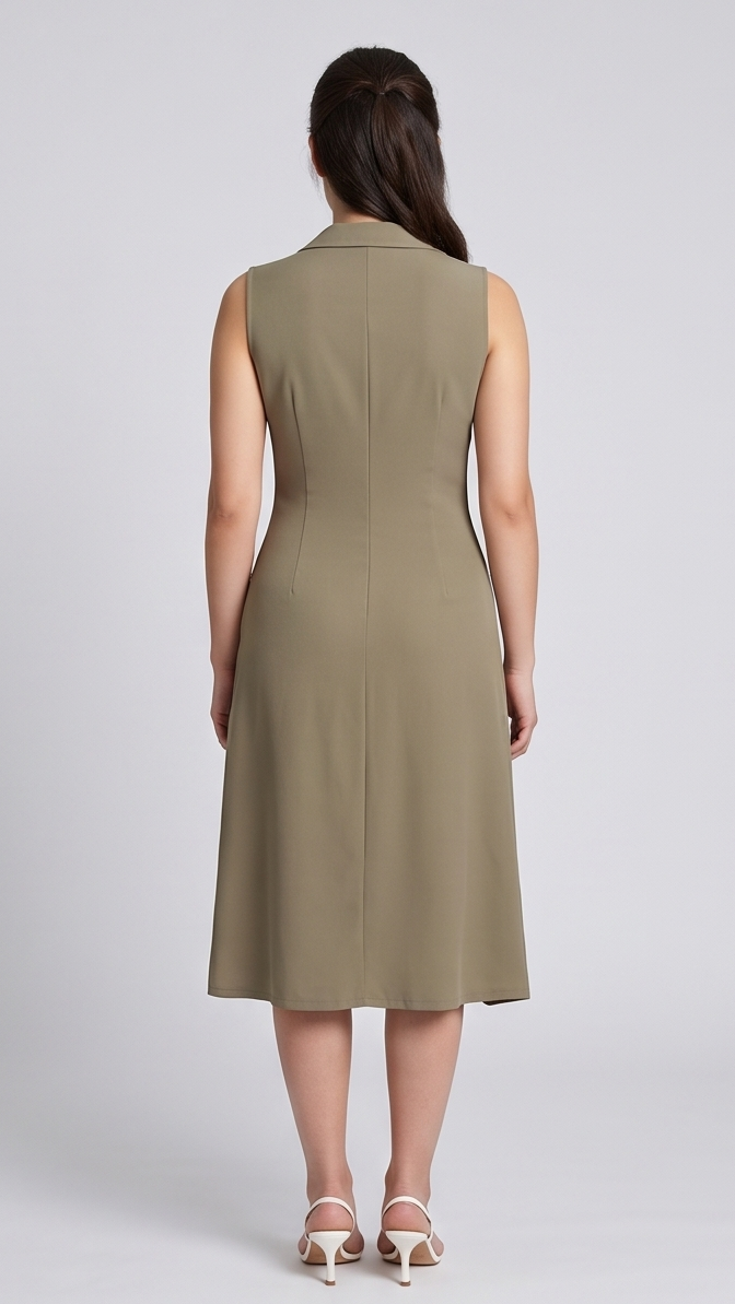 Woman wearing a sleeveless olive green dress 