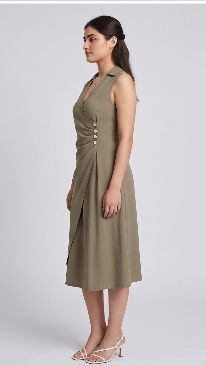 Woman wearing a olive dress with buttons