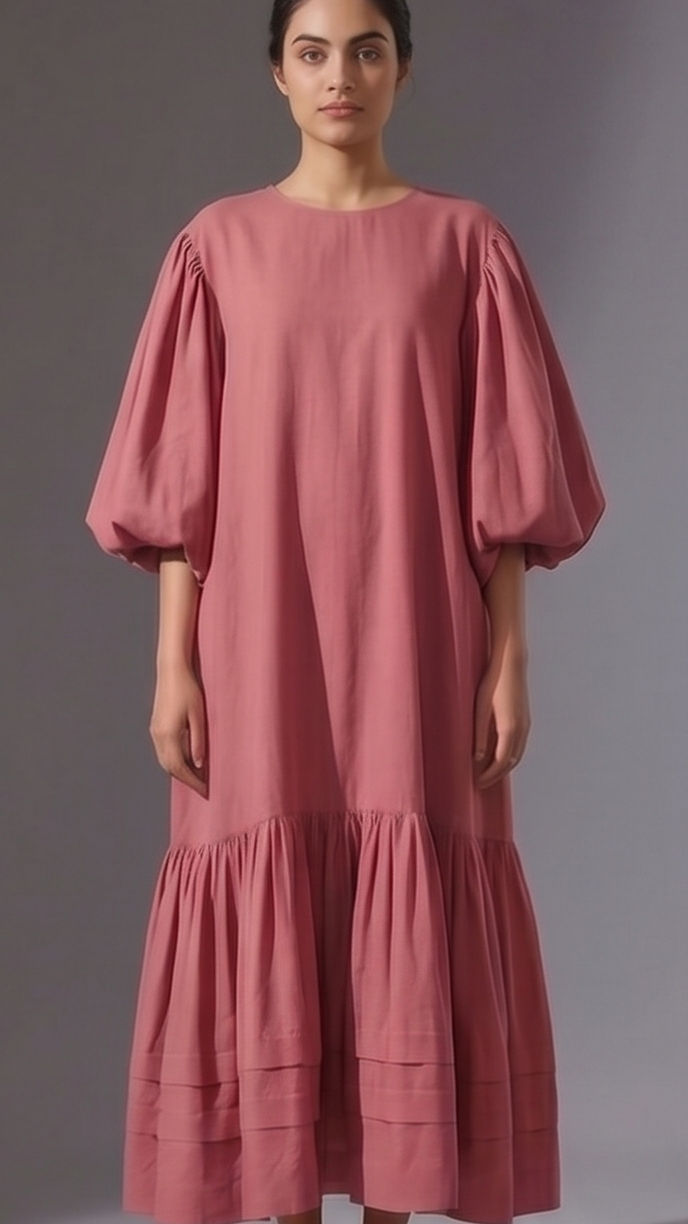 Woman wearing a pink dress with puff sleeves 