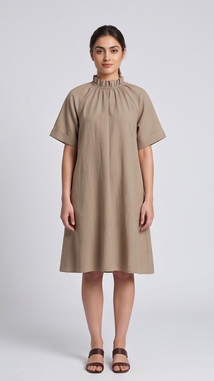 Woman wearing a beige dress on a white background