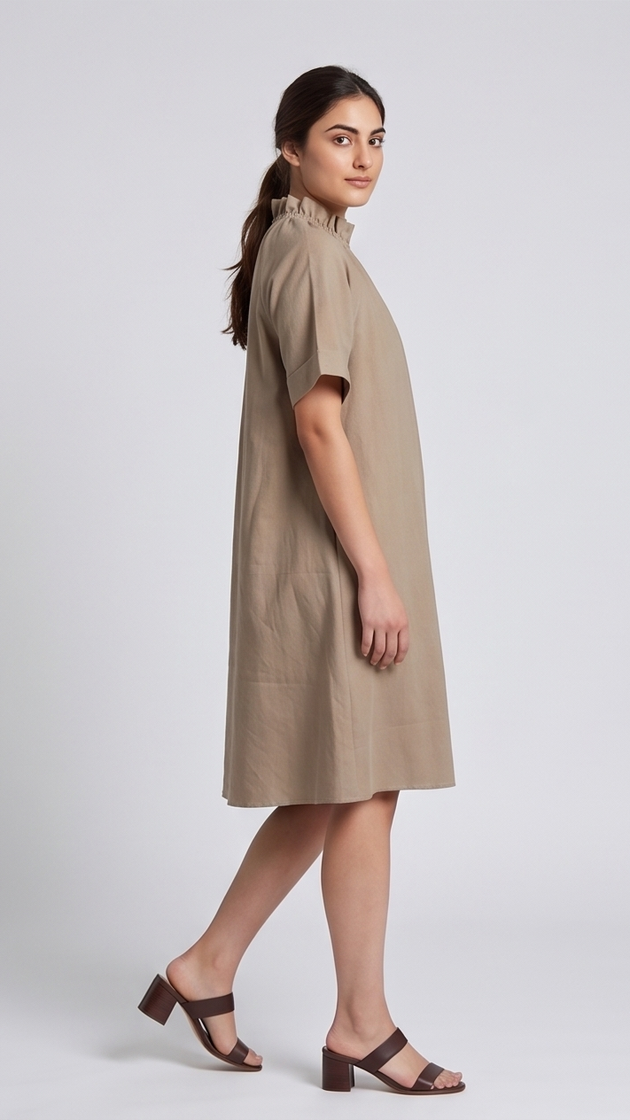 Woman wearing a beige dress on a white background