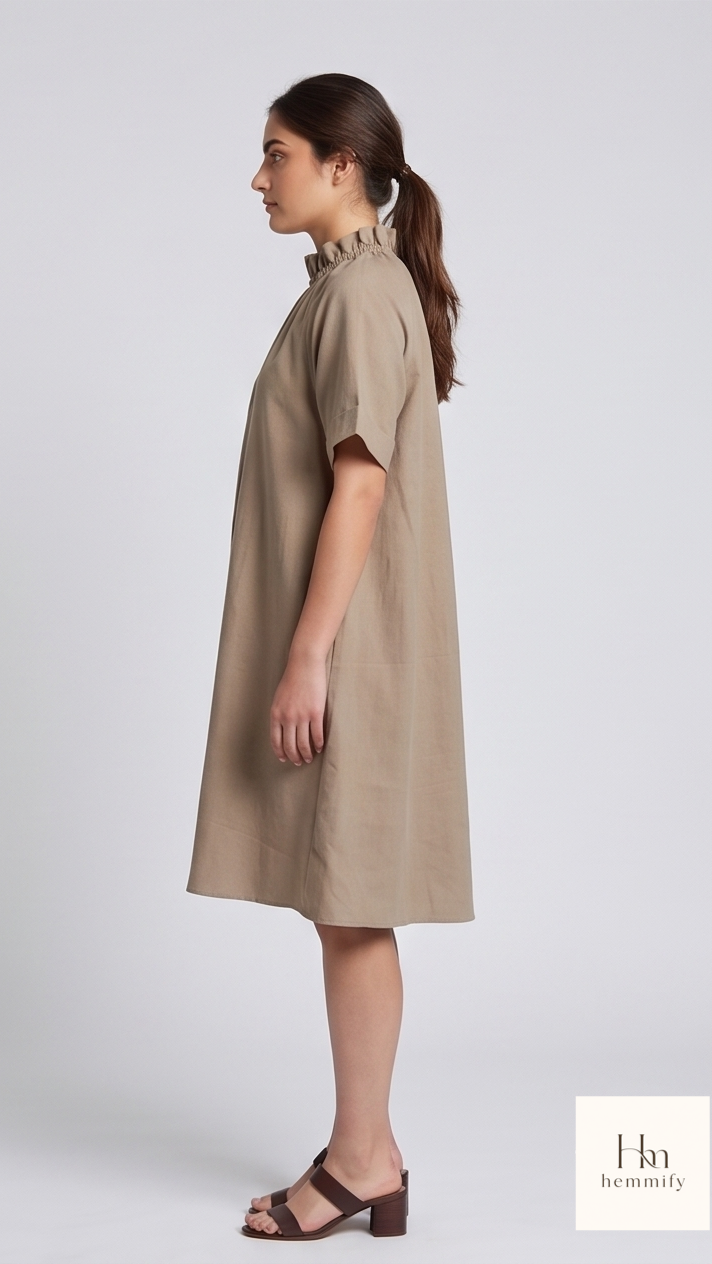 Woman wearing a beige dress on a white background