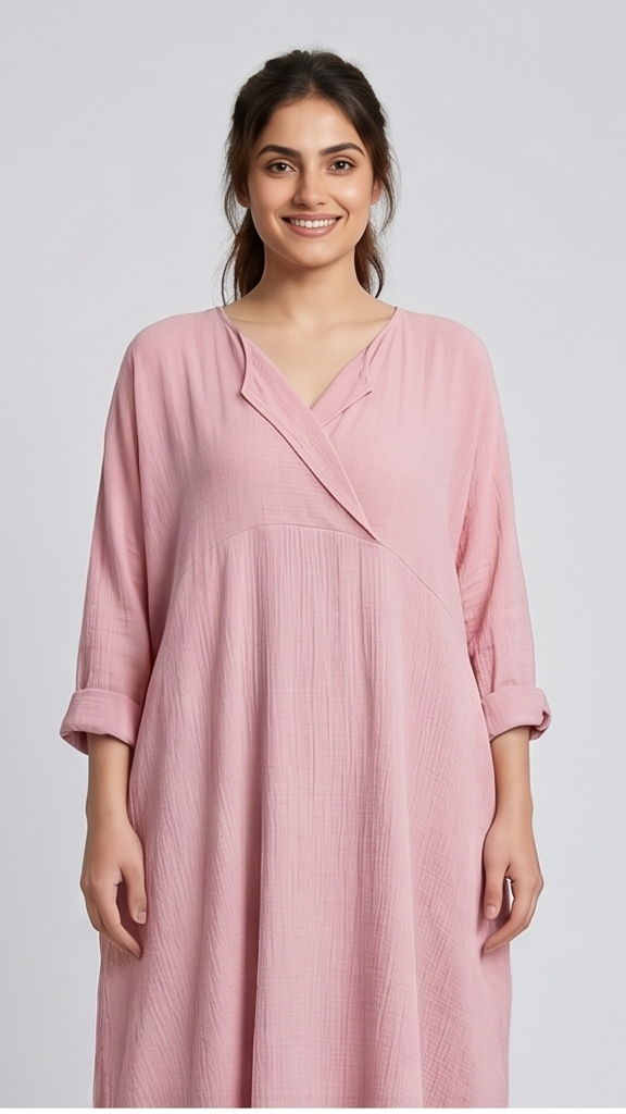 Woman wearing a pink dress against a plain background