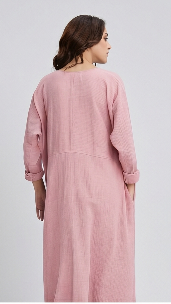 Woman wearing a pink dress against a plain background