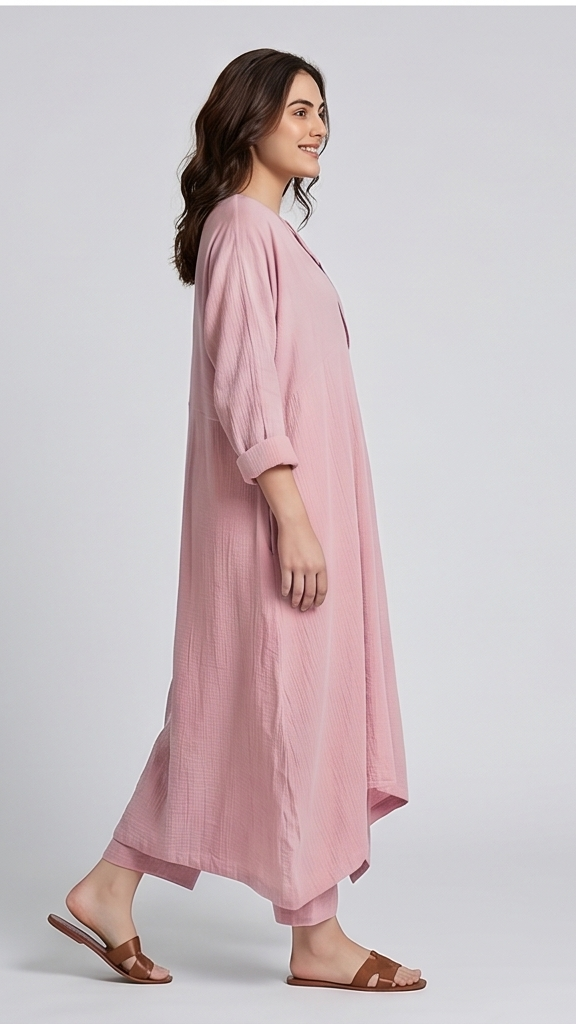 Woman wearing a pink dress on a white background