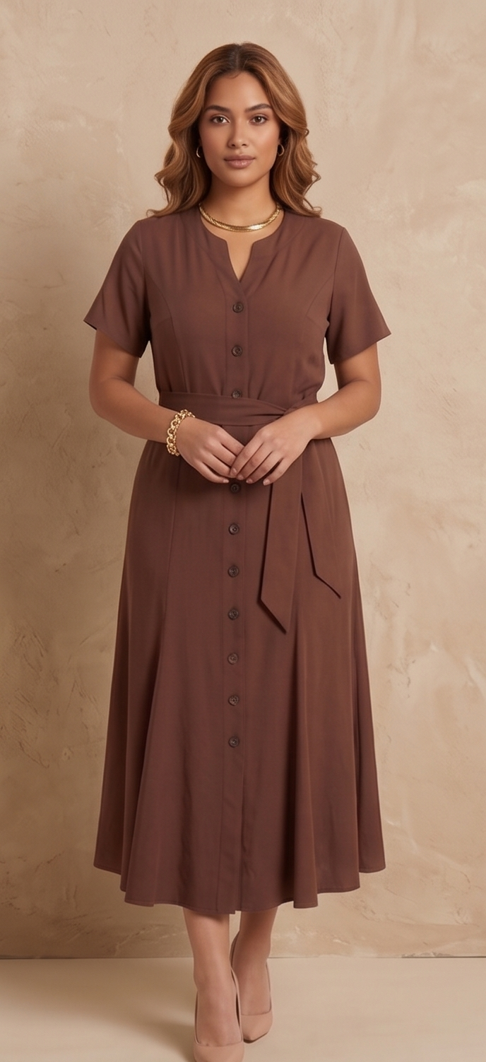 Elegant Mocha Button-Front Midi Dress with Tie Waist