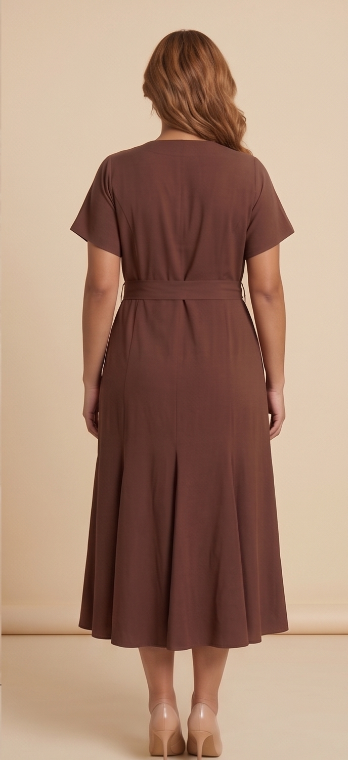 Elegant Mocha Button-Front Midi Dress with Tie Waist