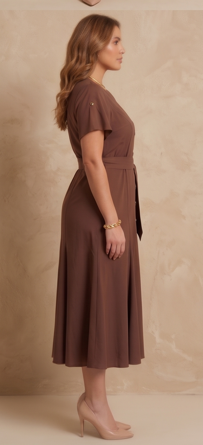 Elegant Mocha Button-Front Midi Dress with Tie Waist