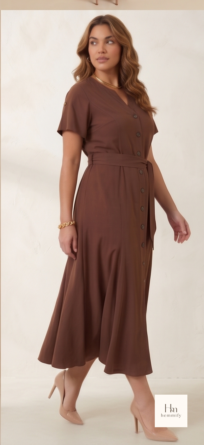 Elegant Mocha Button-Front Midi Dress with Tie Waist