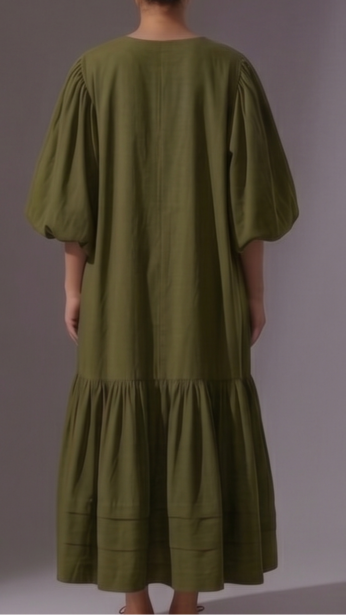 Person wearing a green dress with puffed sleeves 