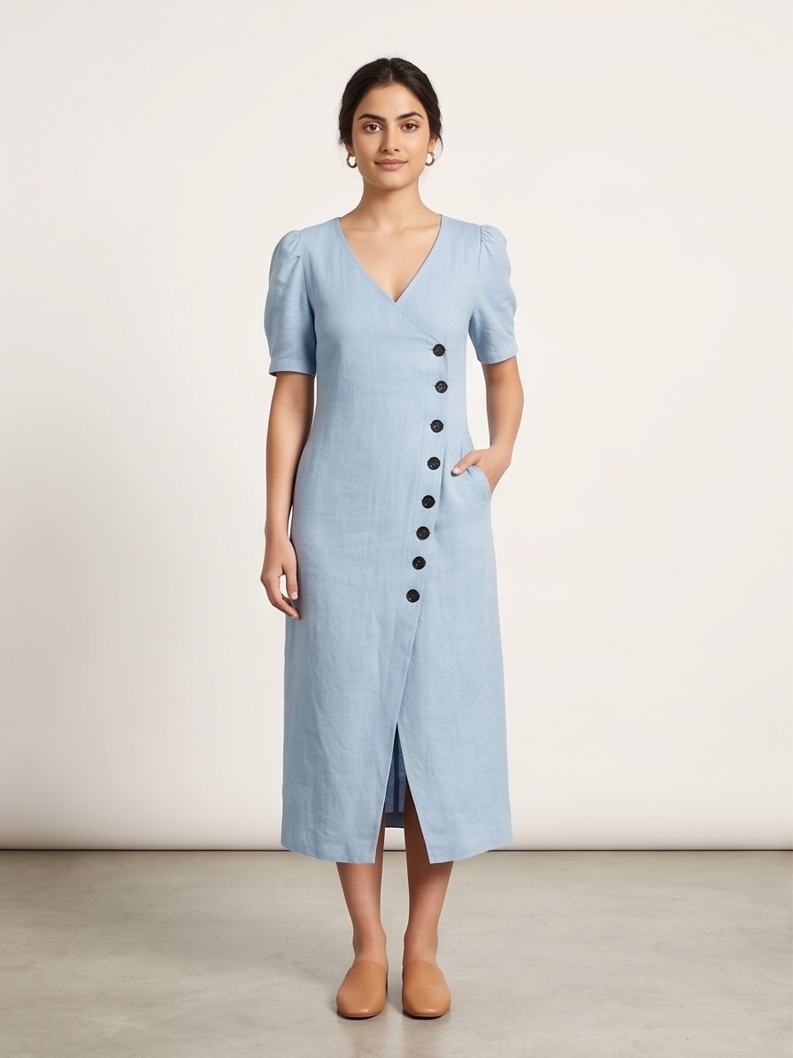 The Asymmetrical Button Linen Midi Dress