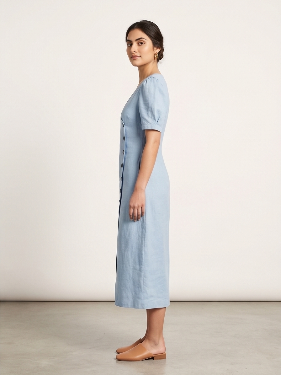 The Asymmetrical Button Linen Midi Dress