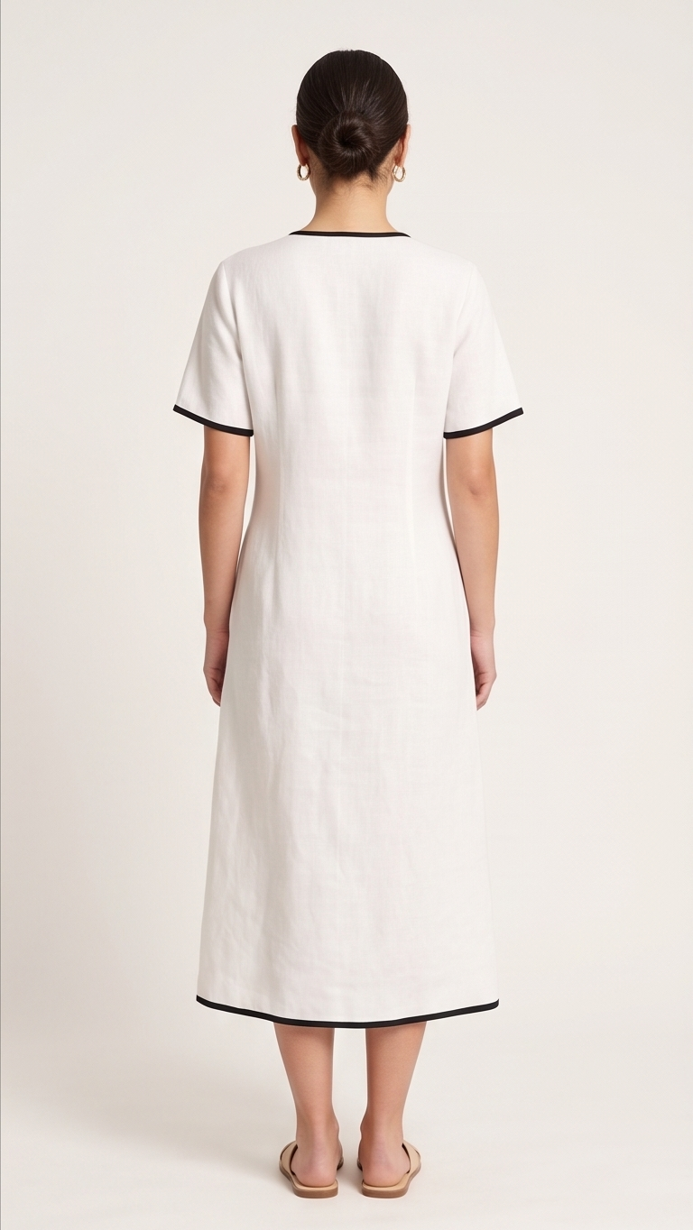 Woman wearing a white dress with black trim on a plain background