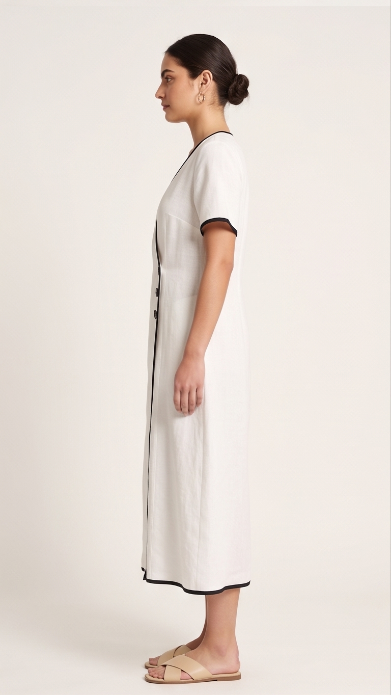 Woman wearing a white dress with black trim on a plain background