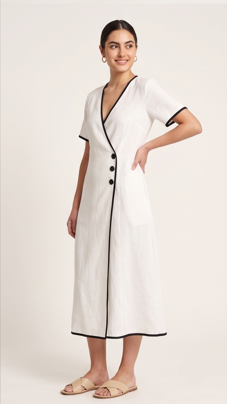 Woman wearing a white dress with black trim on a plain background