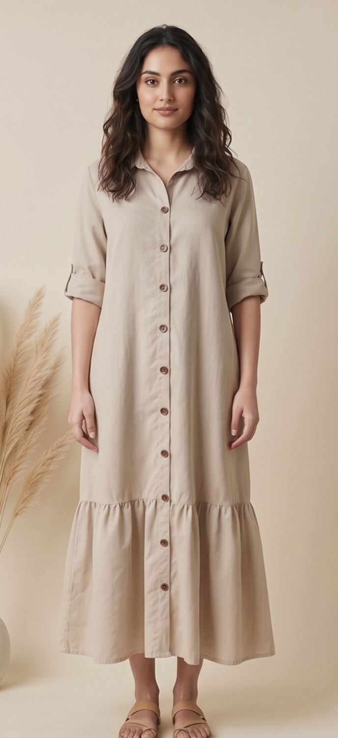 Woman wearing a beige button-up dress with a plain background