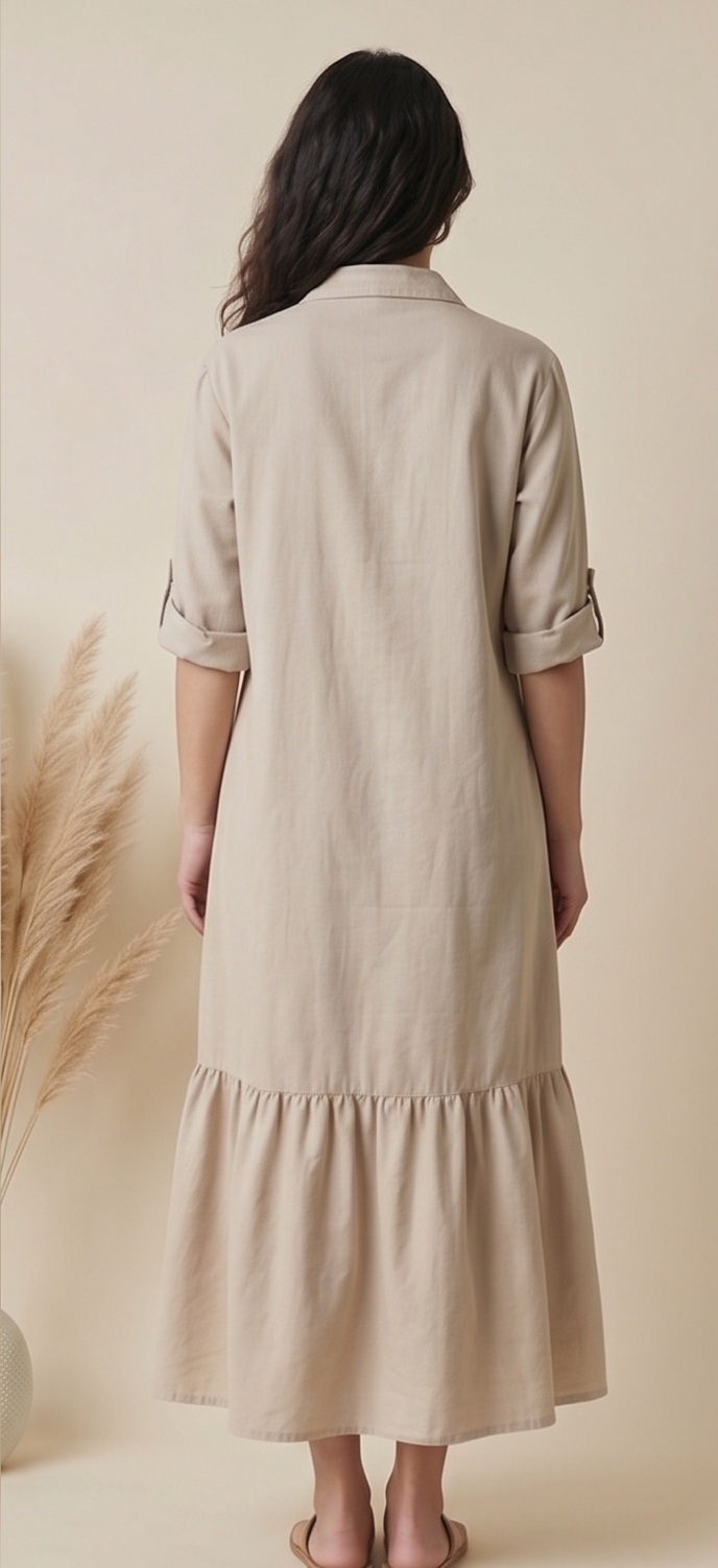 Woman wearing a beige dress standing against a neutral background