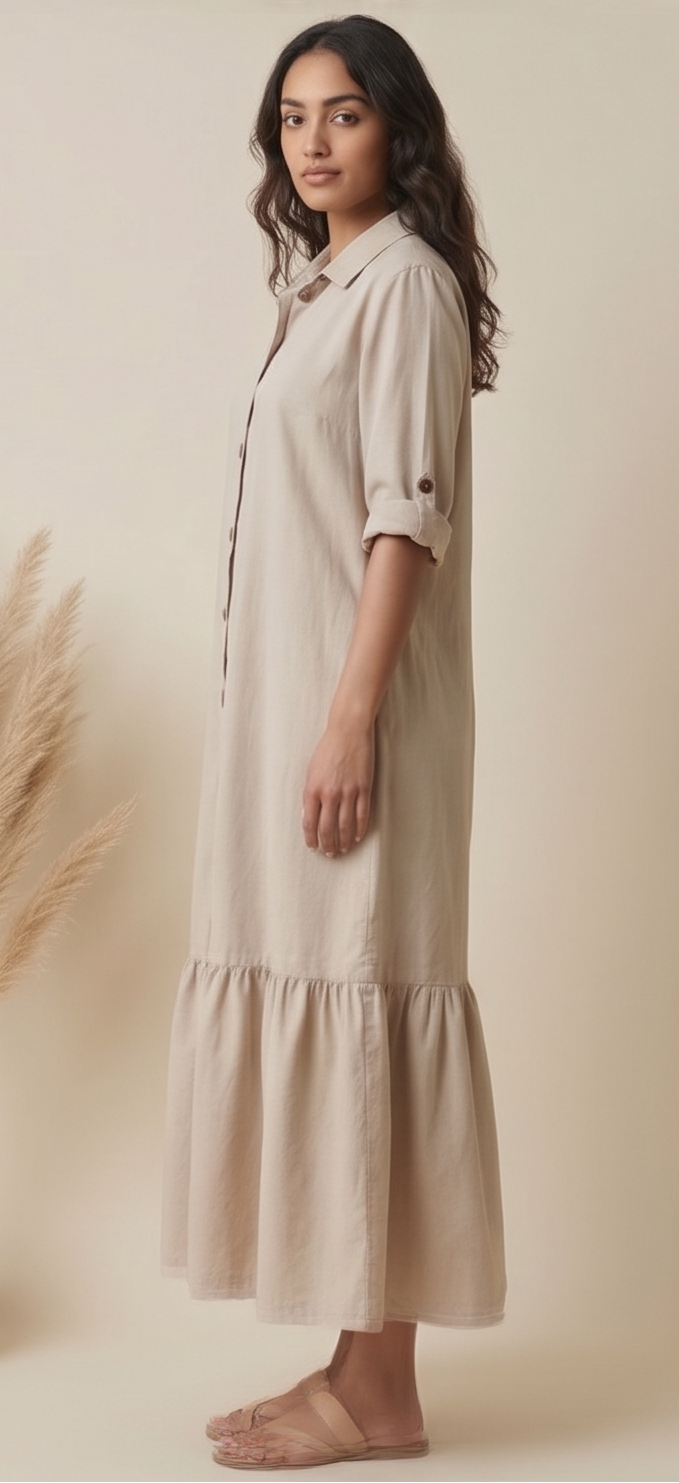 Woman wearing a beige dress against a neutral background