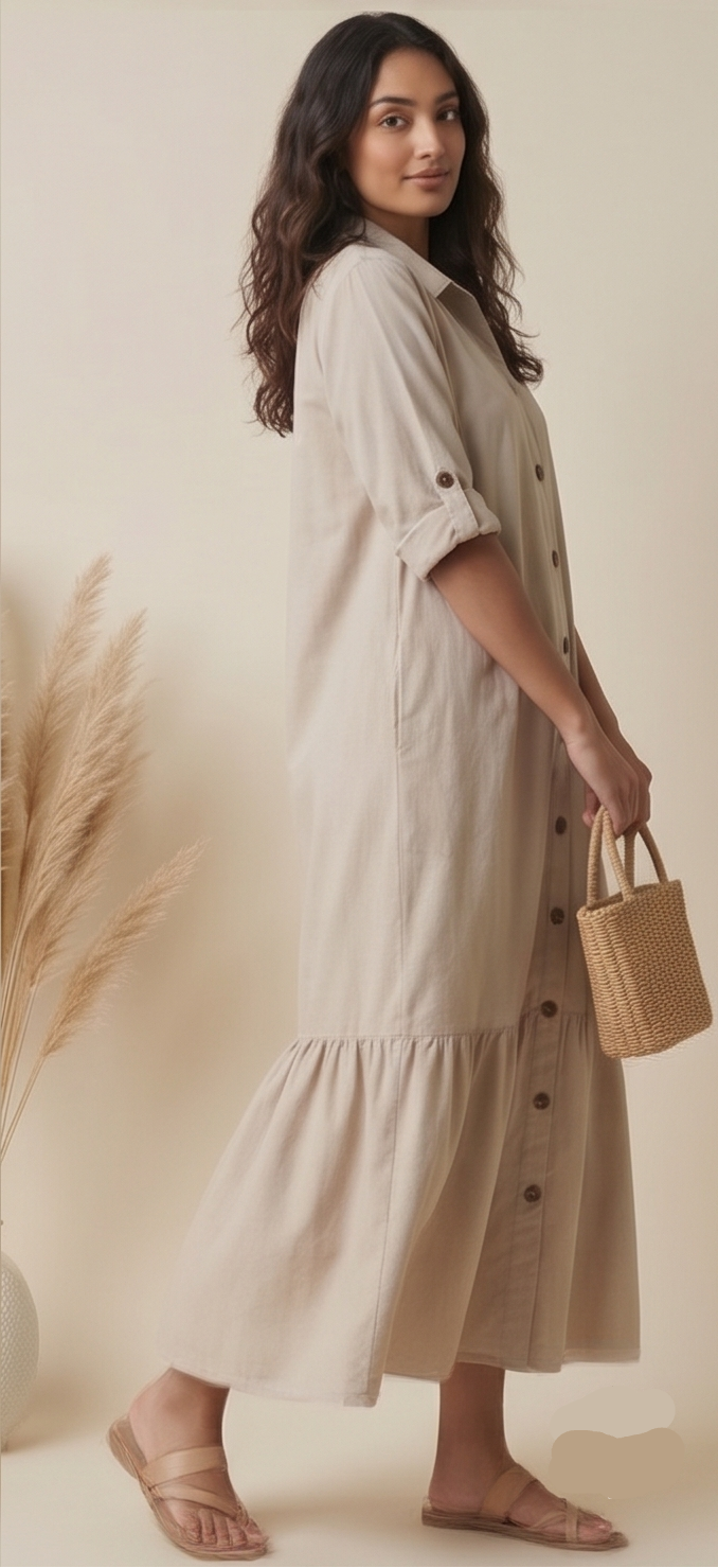 Woman wearing a beige dress holding a woven bag against a neutral background