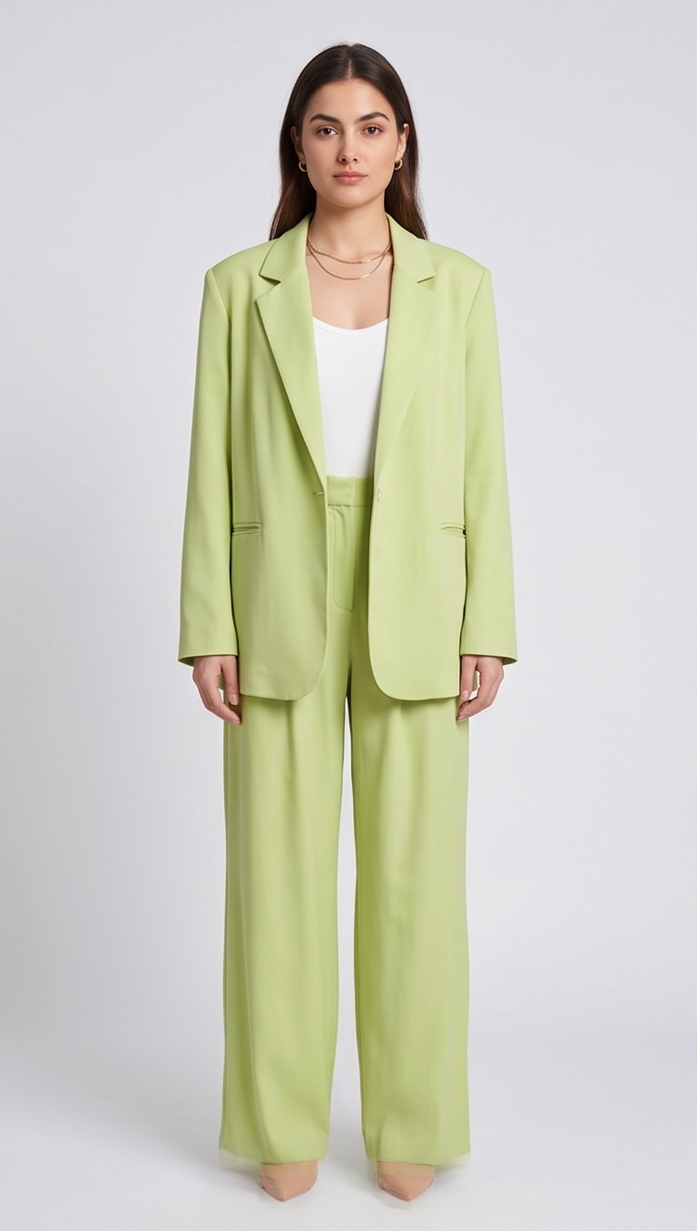 Woman wearing a light green suit on a white background