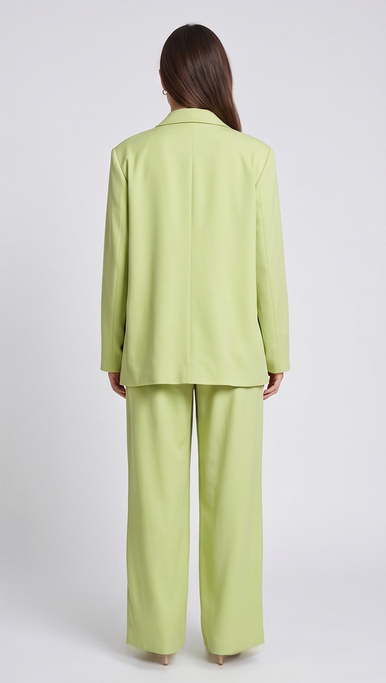 Person wearing a light green suit on a white background