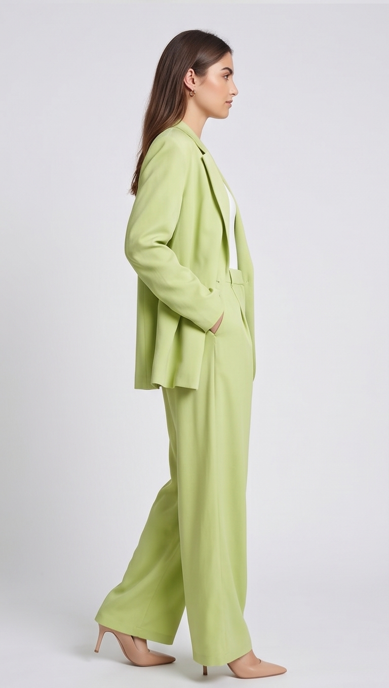 Woman wearing a light green suit on a white background