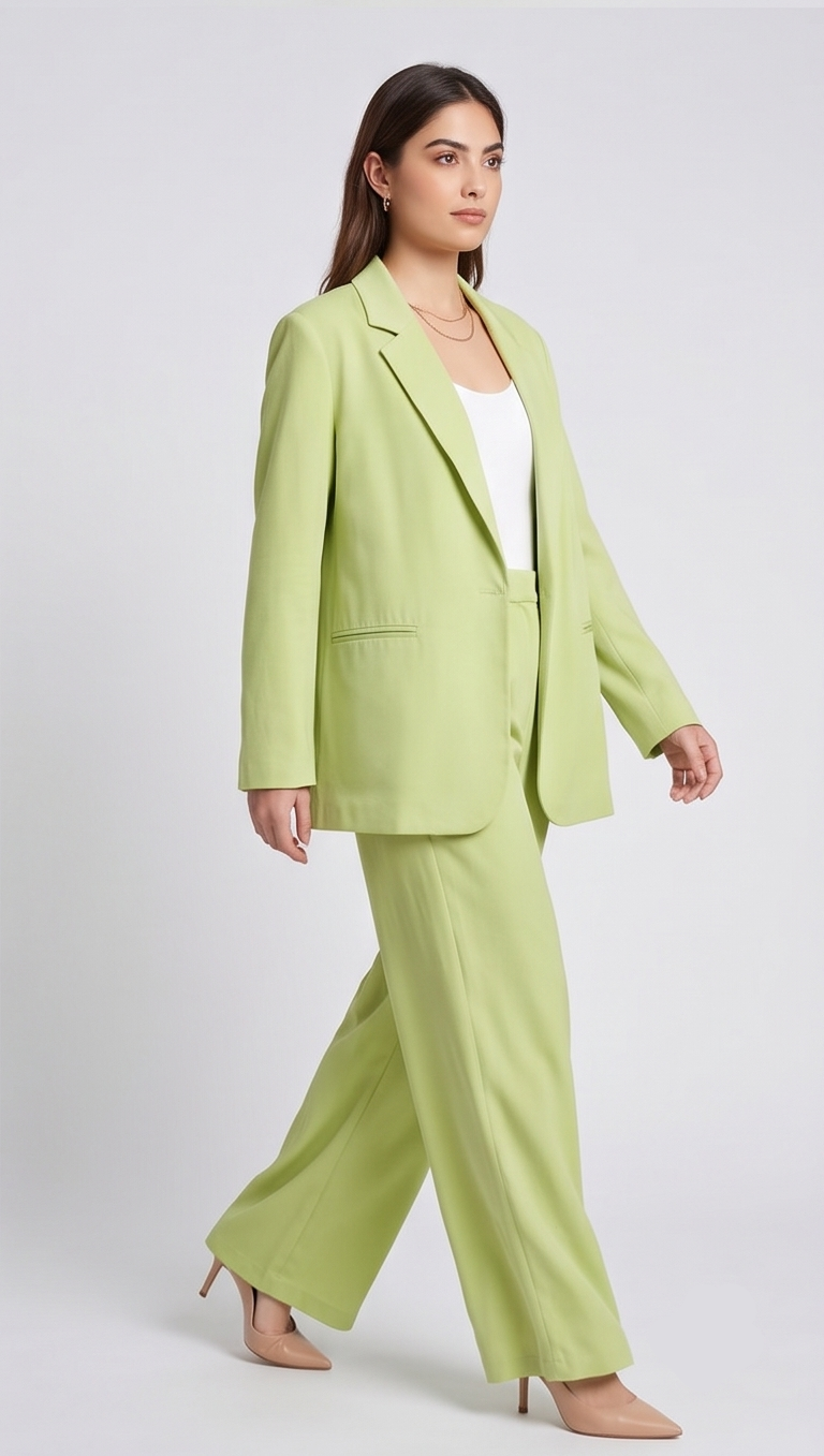 Woman wearing a light green suit on a white background