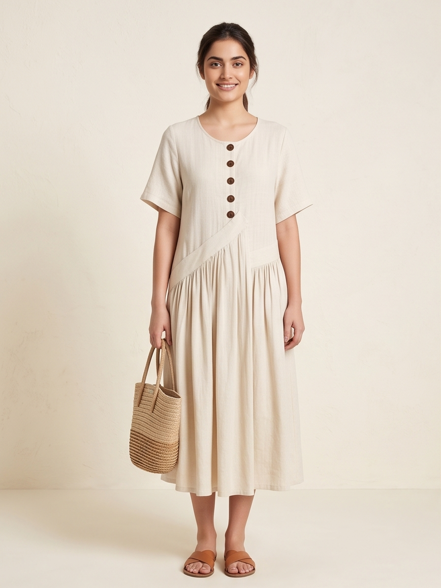 Short Sleeve Gathered Drop-Waist Midi Dress