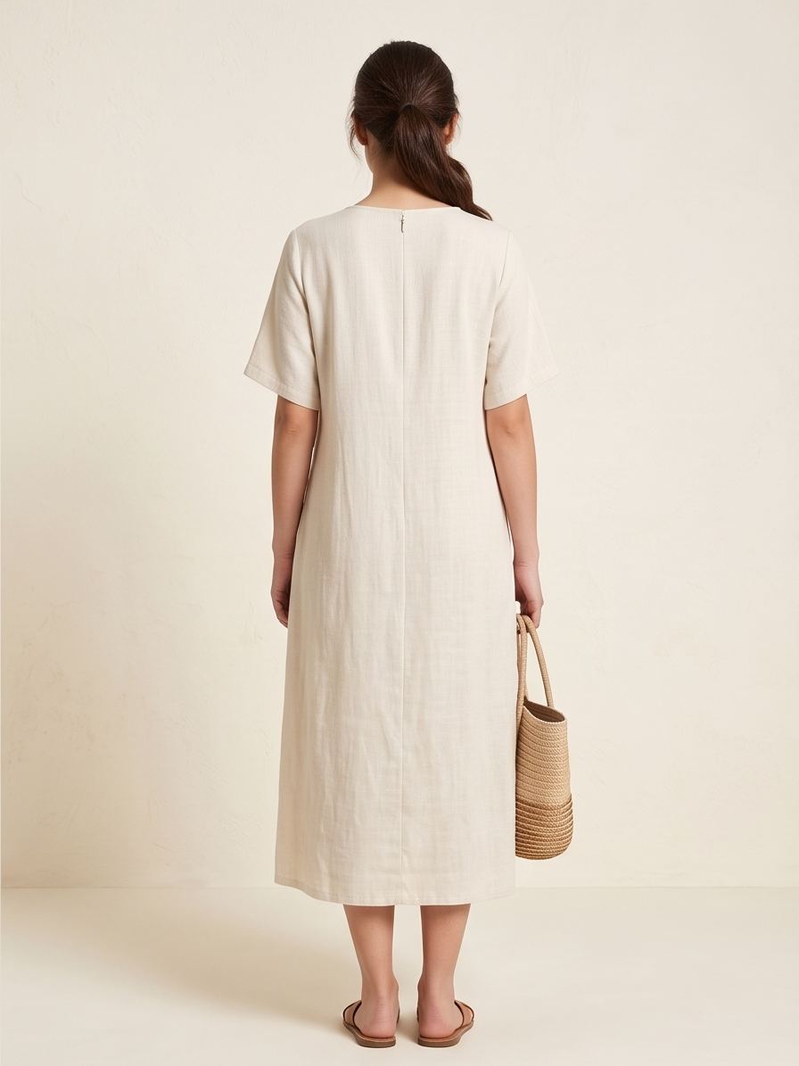 Short Sleeve Gathered Drop-Waist Midi Dress