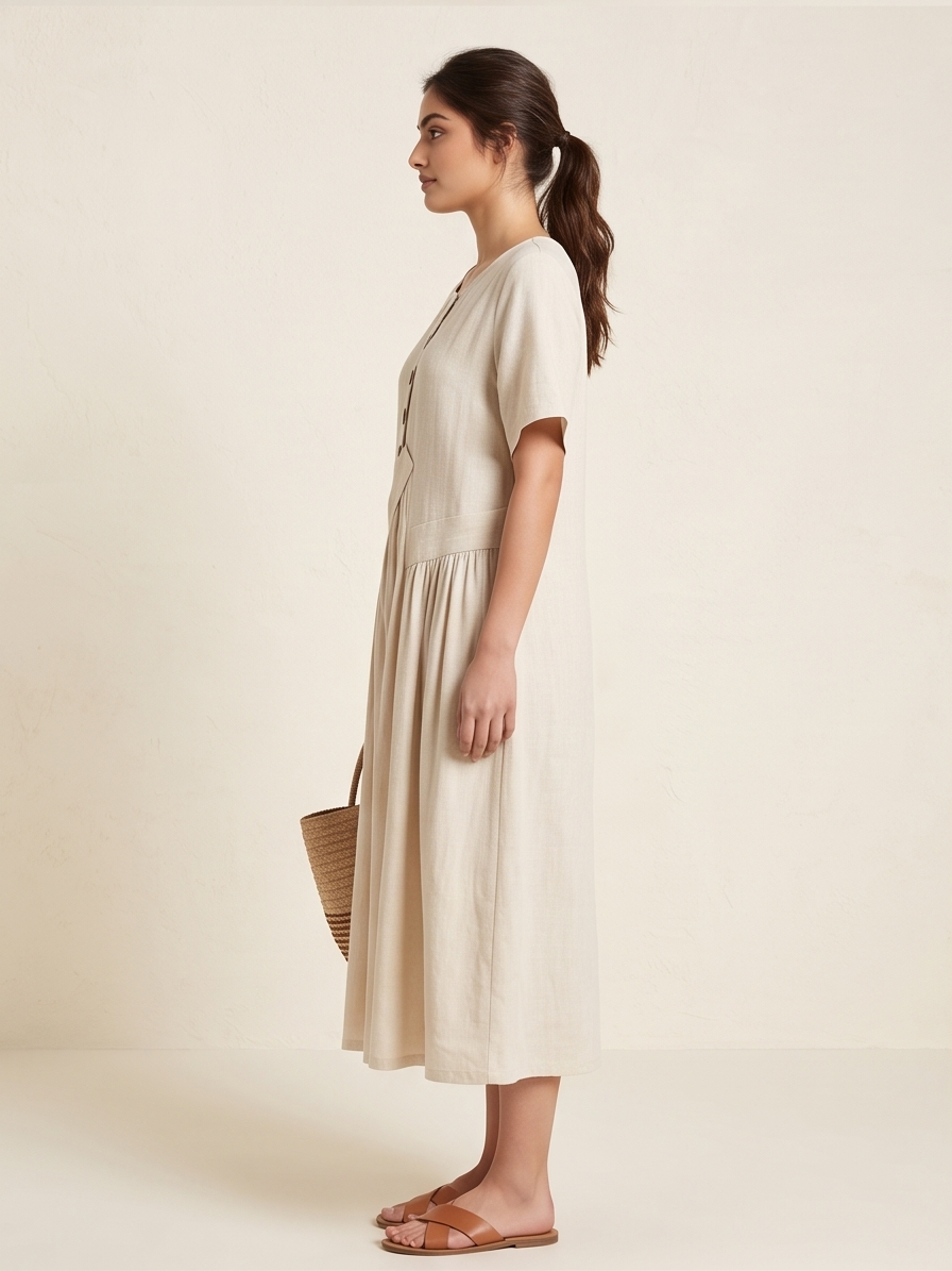 Short Sleeve Gathered Drop-Waist Midi Dress