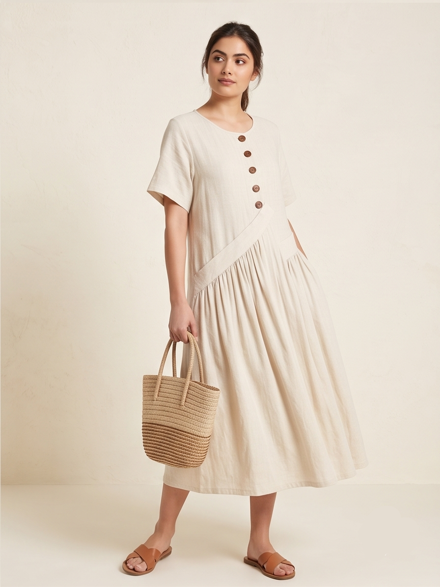 Short Sleeve Gathered Drop-Waist Midi Dress