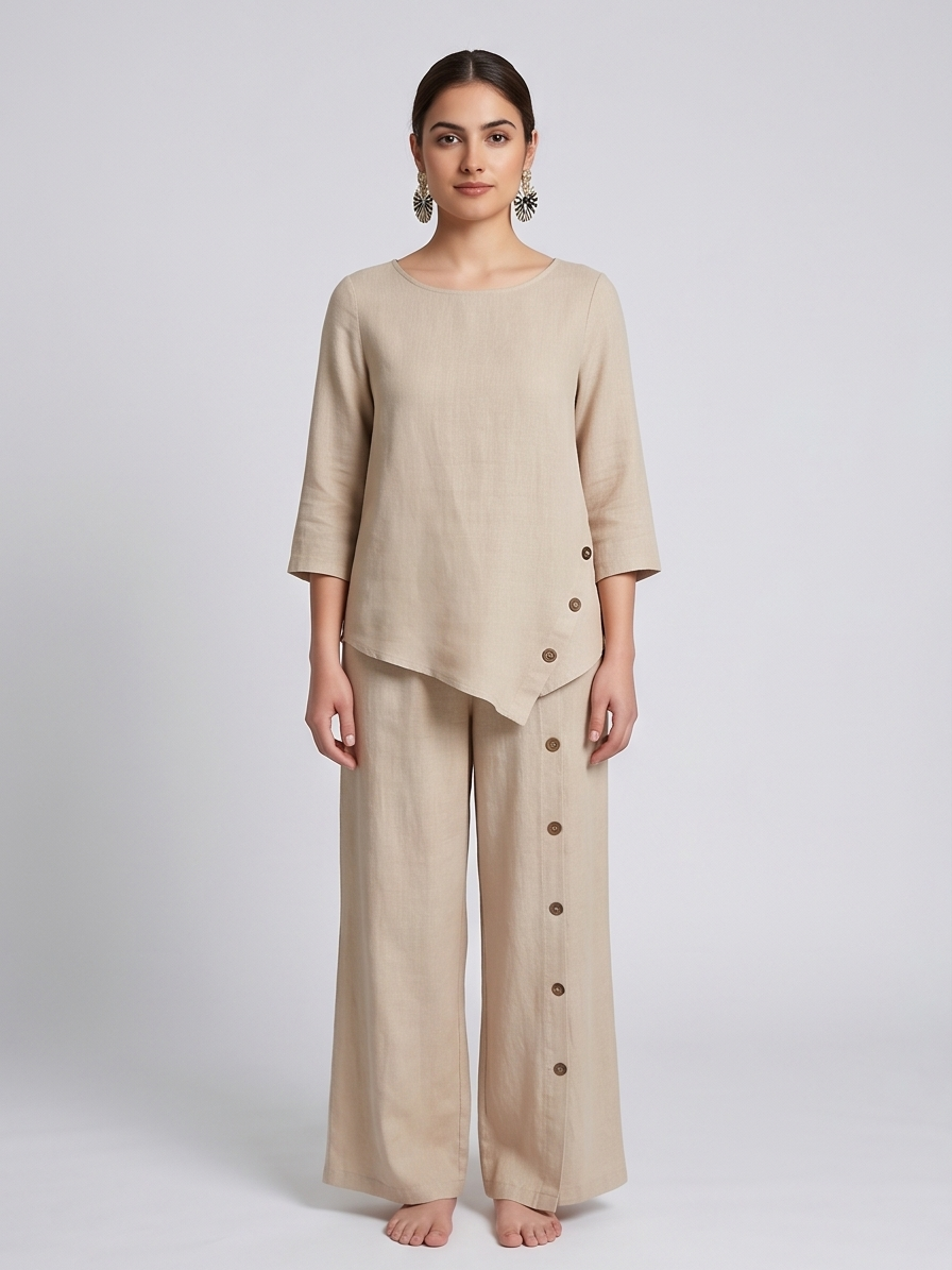 Asymmetrical Button-Detail Tunic & Wide-Leg Pant Set