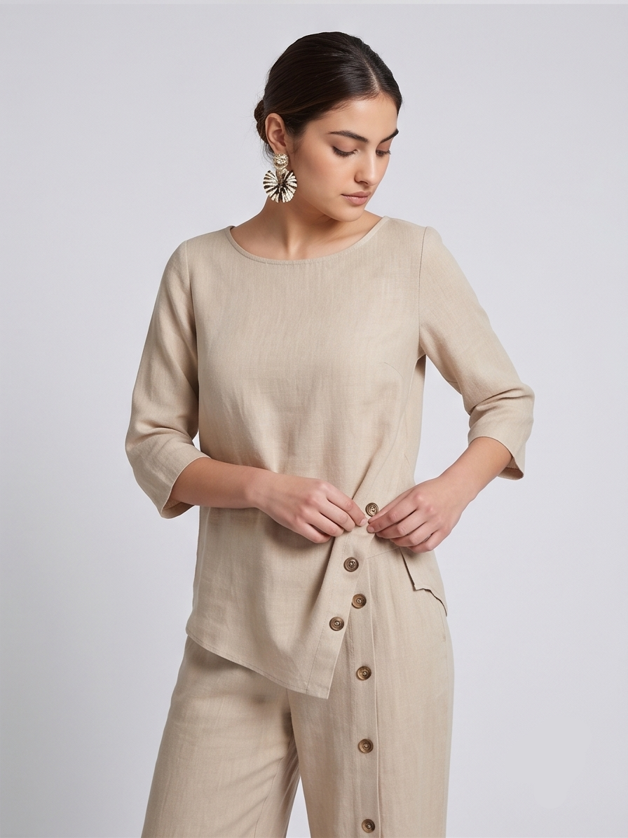 Woman wearing a beige outfit with a buttoned top and pants
