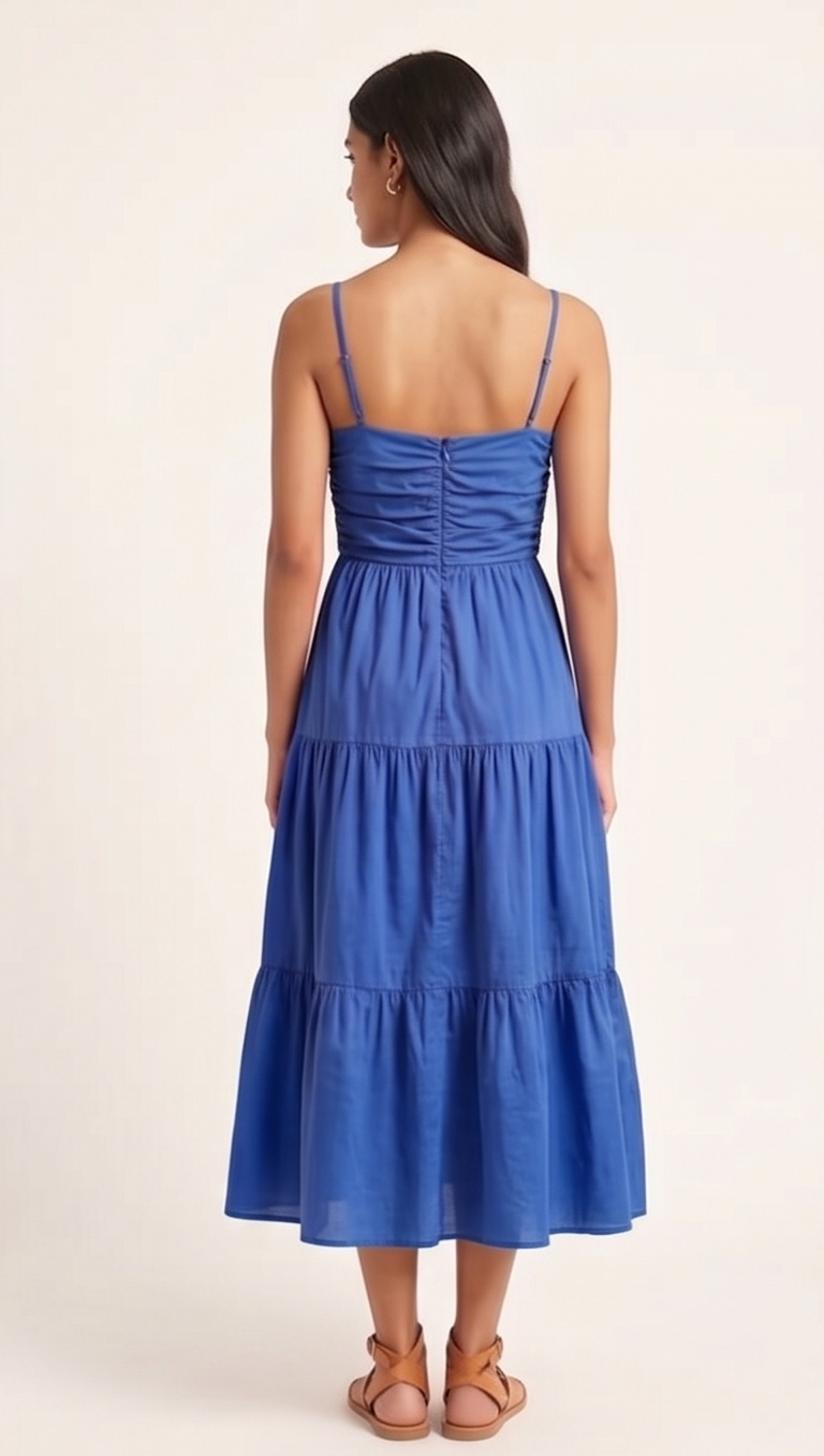 Woman wearing a blue tiered dress on a white background