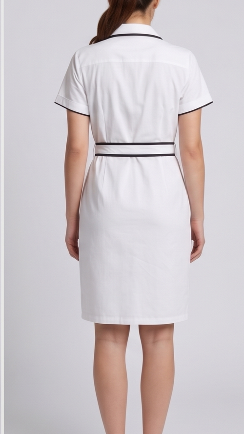 Woman wearing a white dress with black trim on a plain background