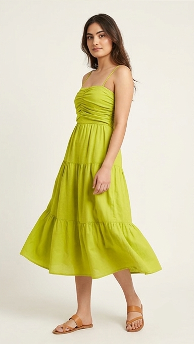 Woman wearing a green dress on a white background